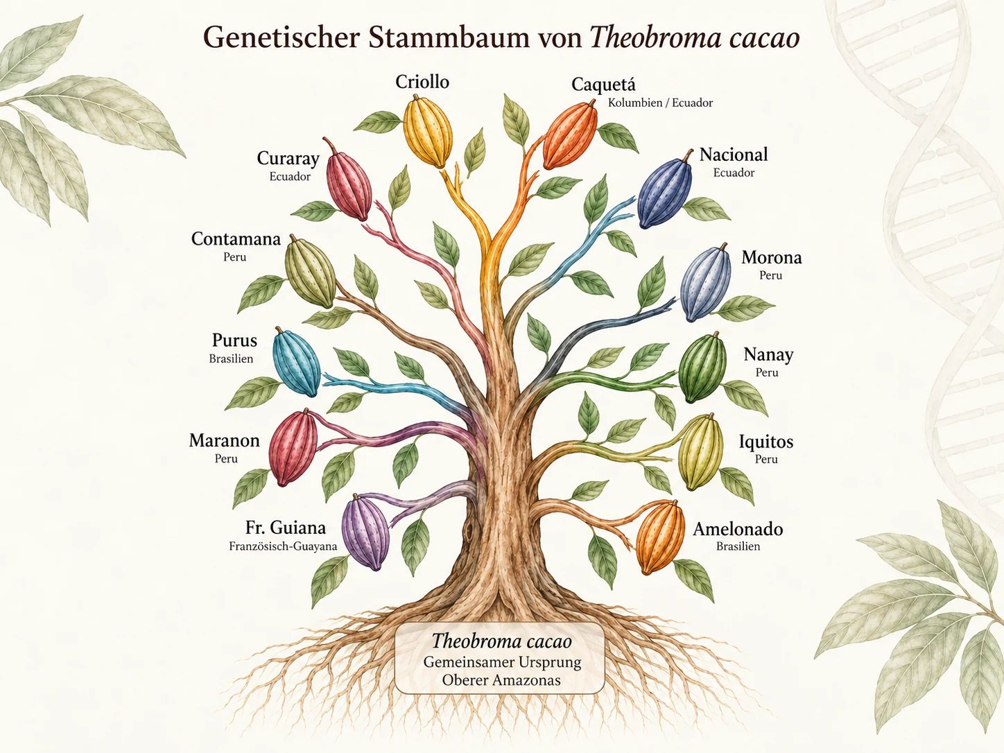 Schematische Darstellung genetischer Kakaogruppen von Theobroma cacao als Stammbaum