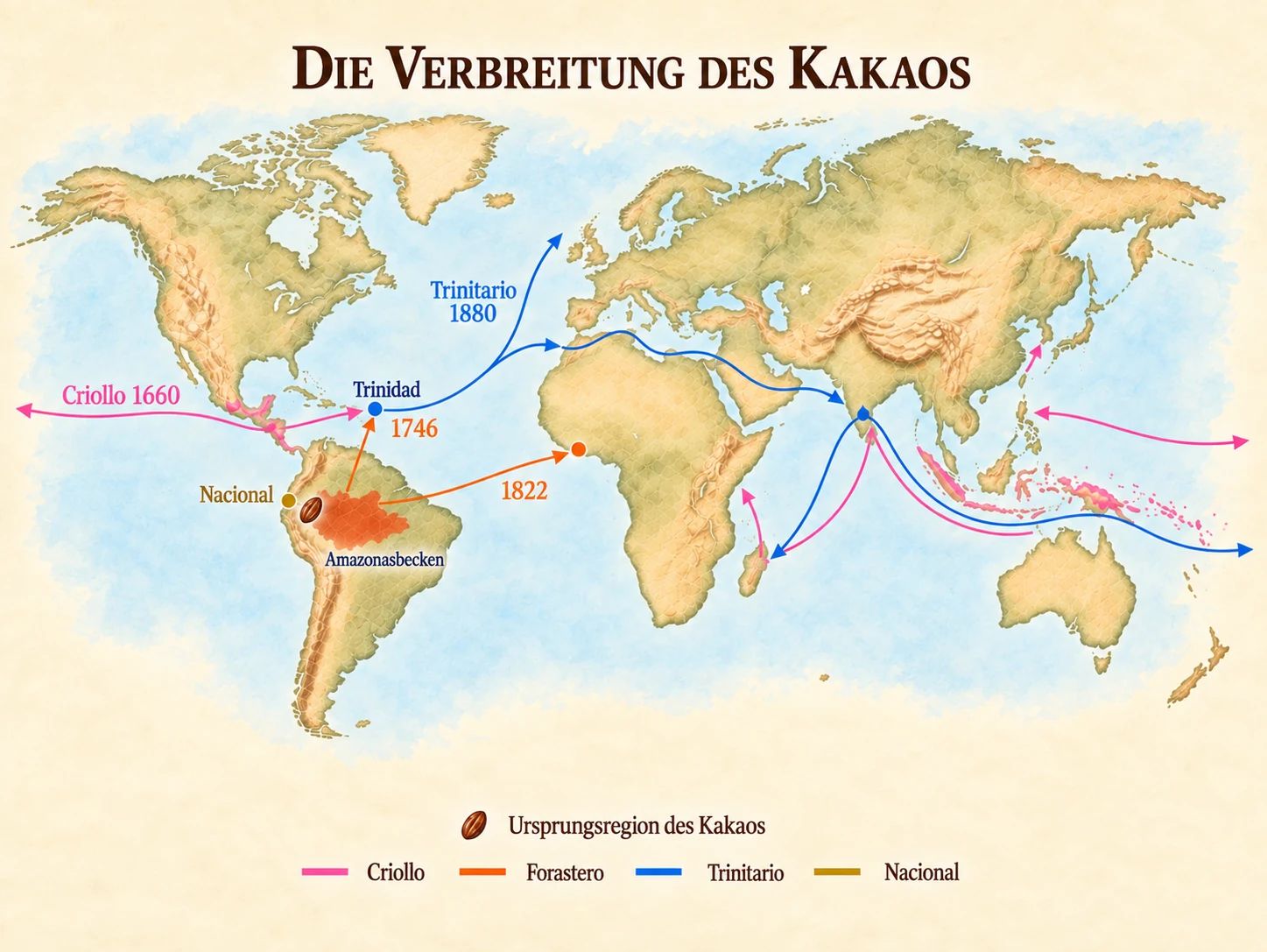 Weltkarte zur historischen Verbreitung von Criollo, Forastero, Trinitario und Nacional